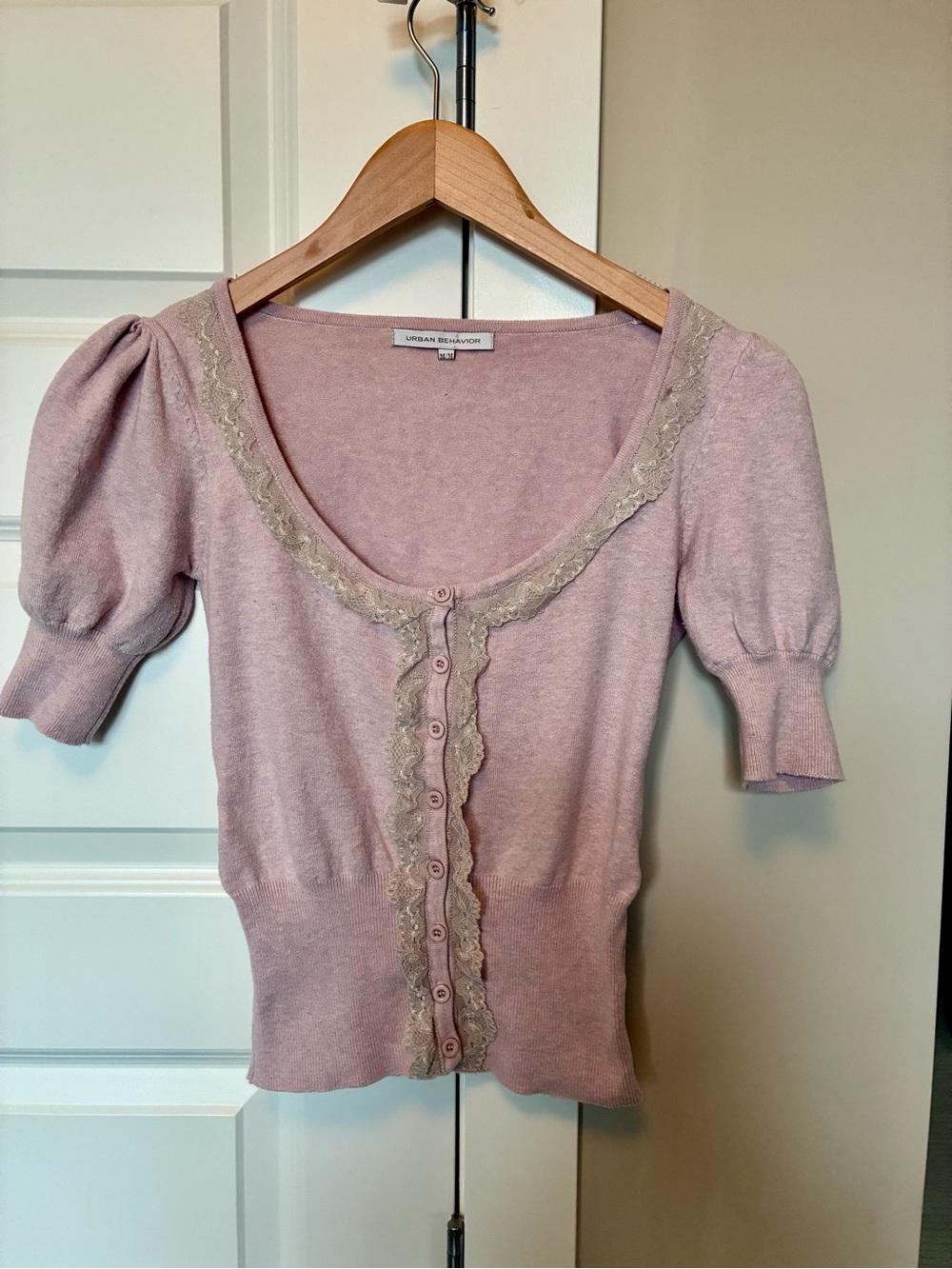 Urban Behavior Dusty Pink Lace-Trim Short Sleeve Cardigan - women Size M